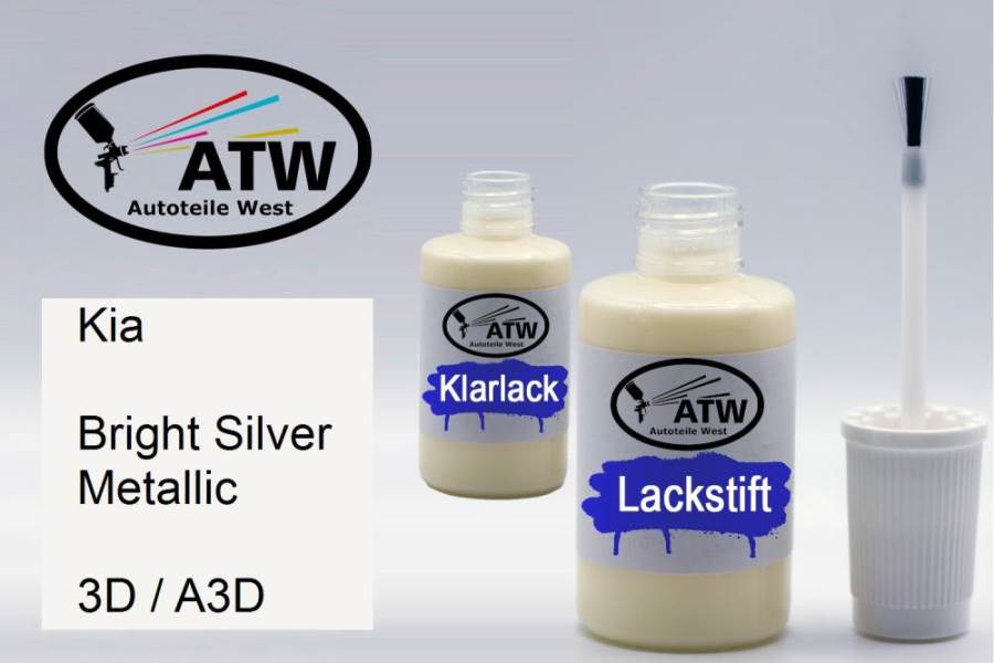 Kia, Bright Silver Metallic, 3D / A3D: 20ml Lackstift + 20ml Klarlack - Set, von ATW Autoteile West.